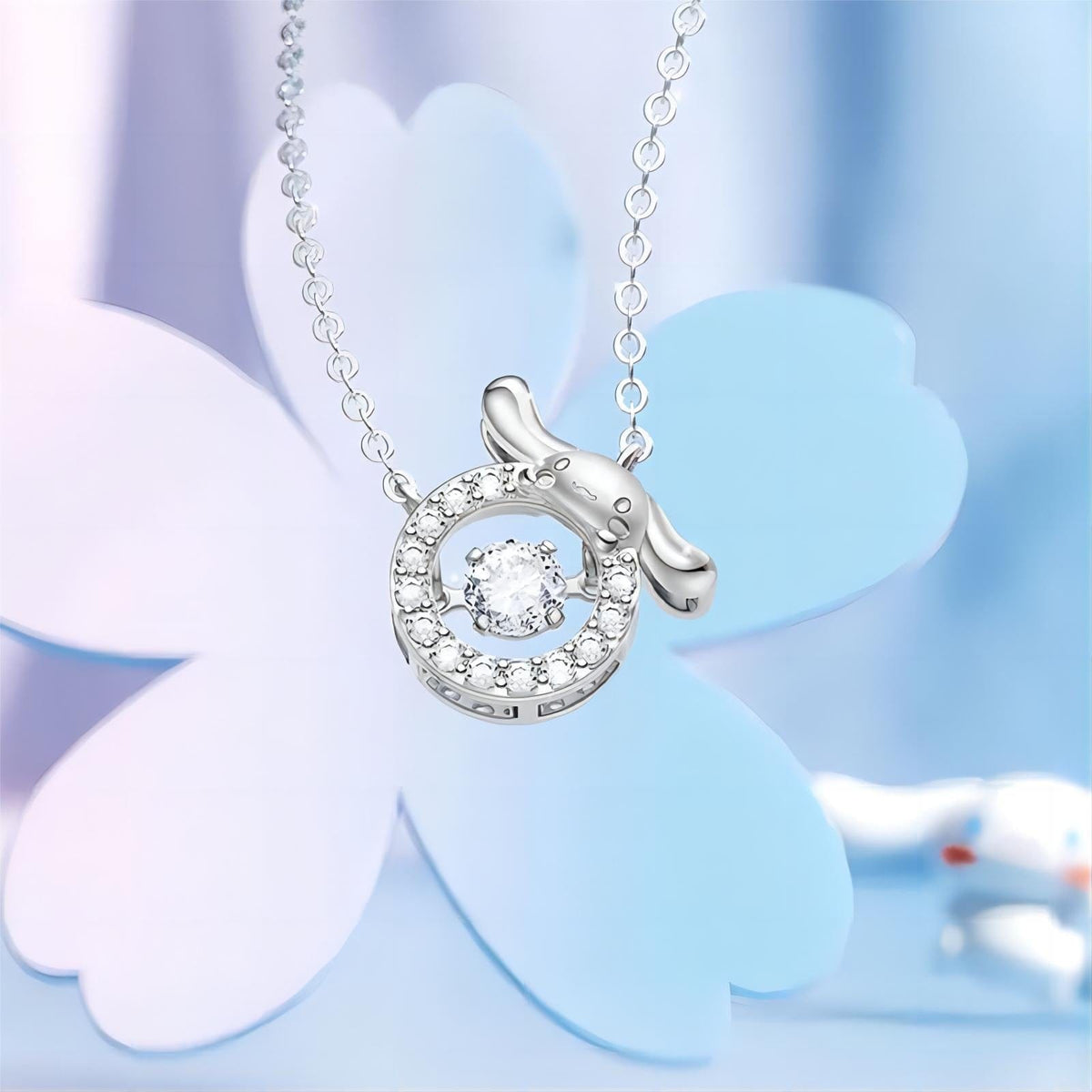 Dainty CZ Inlaid Crystal Rolling Heart Cinnamoroll Necklace