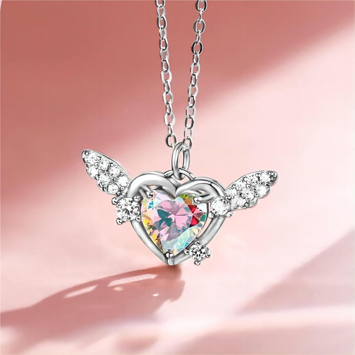 Angel Wing Heart Inlaid Cubic Zirconia Pendant Necklace Fine