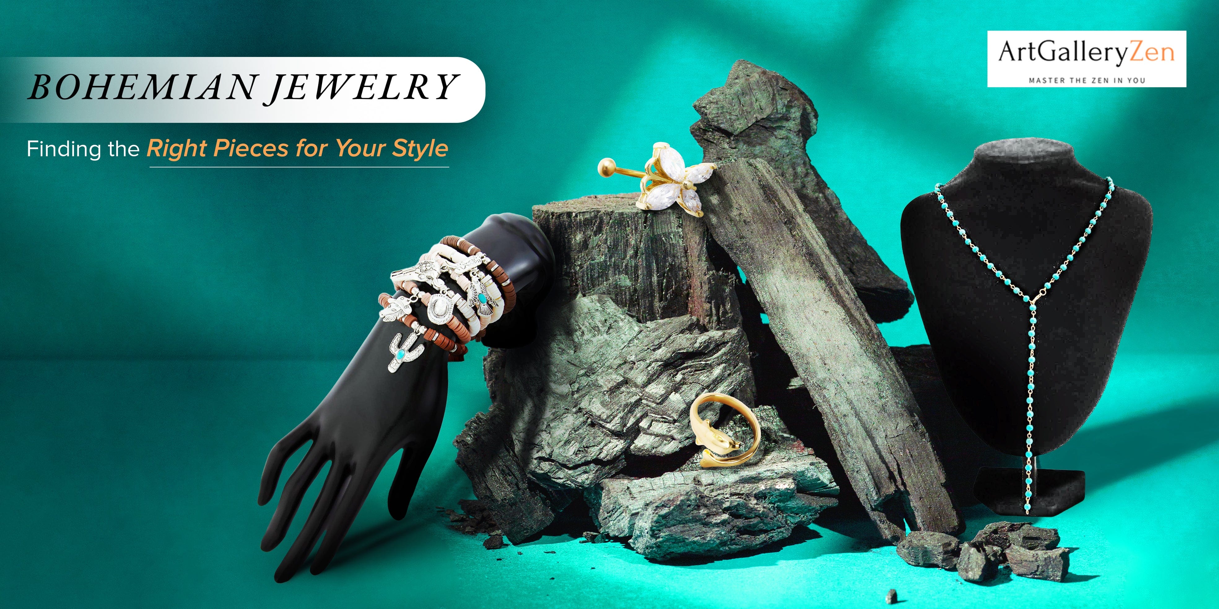 Bohemian jewelry collection featuring turquoise necklaces, layered bracelets, and boho chic styling examples