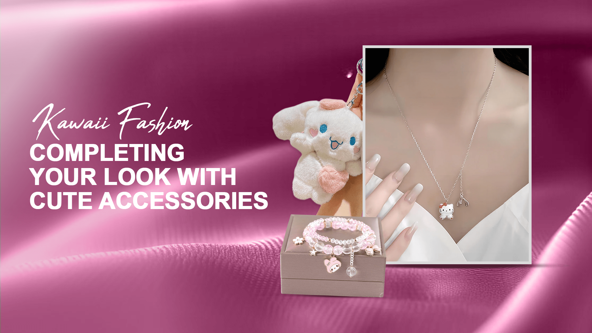 Kawaii fashion accessories collection featuring cute Japanese jewelry, colorful hair clips, and adorable character-themed accessories
