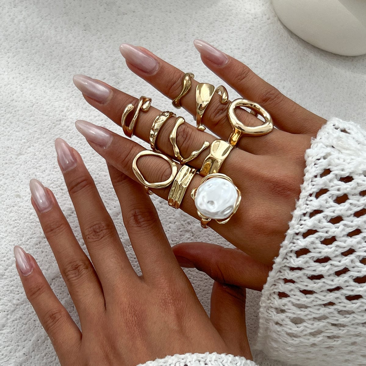 10 Pcs Irregular Pearl Waterdrop Textured Open Ring Set - ArtGalleryZen