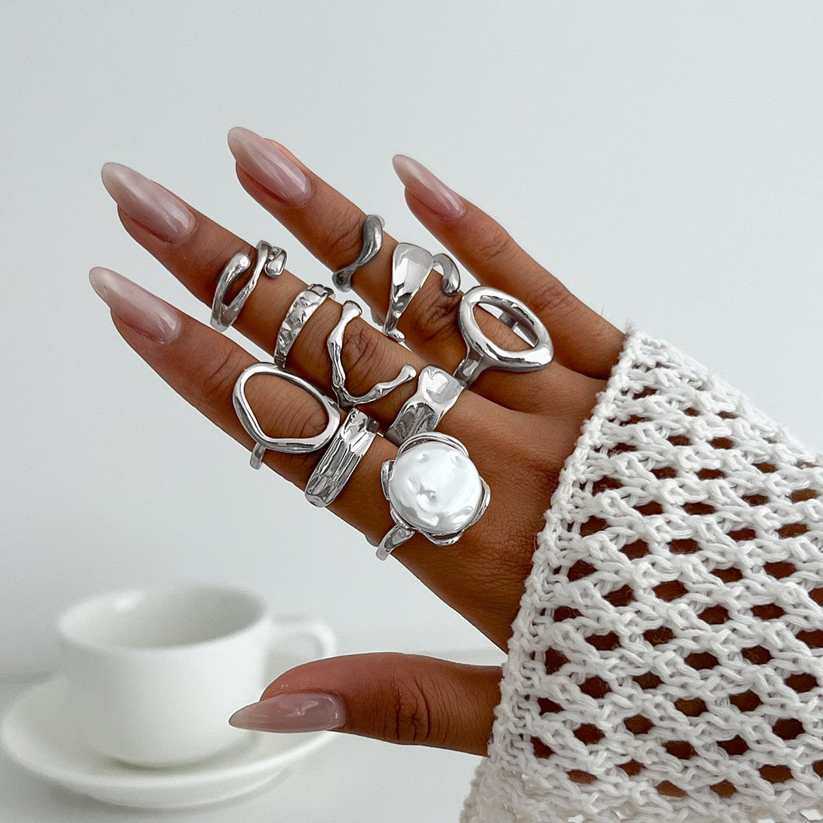 10 Pcs Irregular Pearl Waterdrop Textured Open Ring Set - ArtGalleryZen