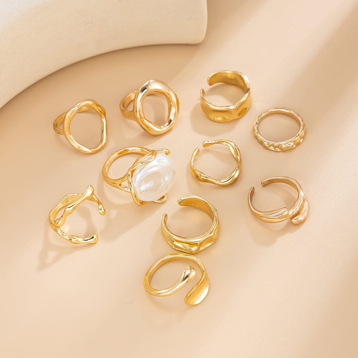 10 Pcs Irregular Pearl Waterdrop Textured Open Ring Set - ArtGalleryZen