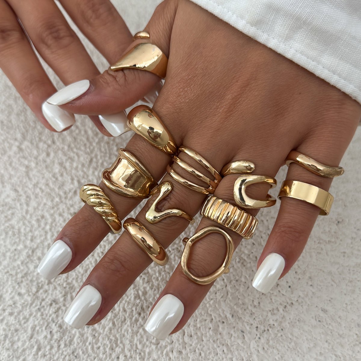 12 Pcs Gold Silver Tone Glossy Curved Hollow Waterdrop Ring Set - ArtGalleryZen