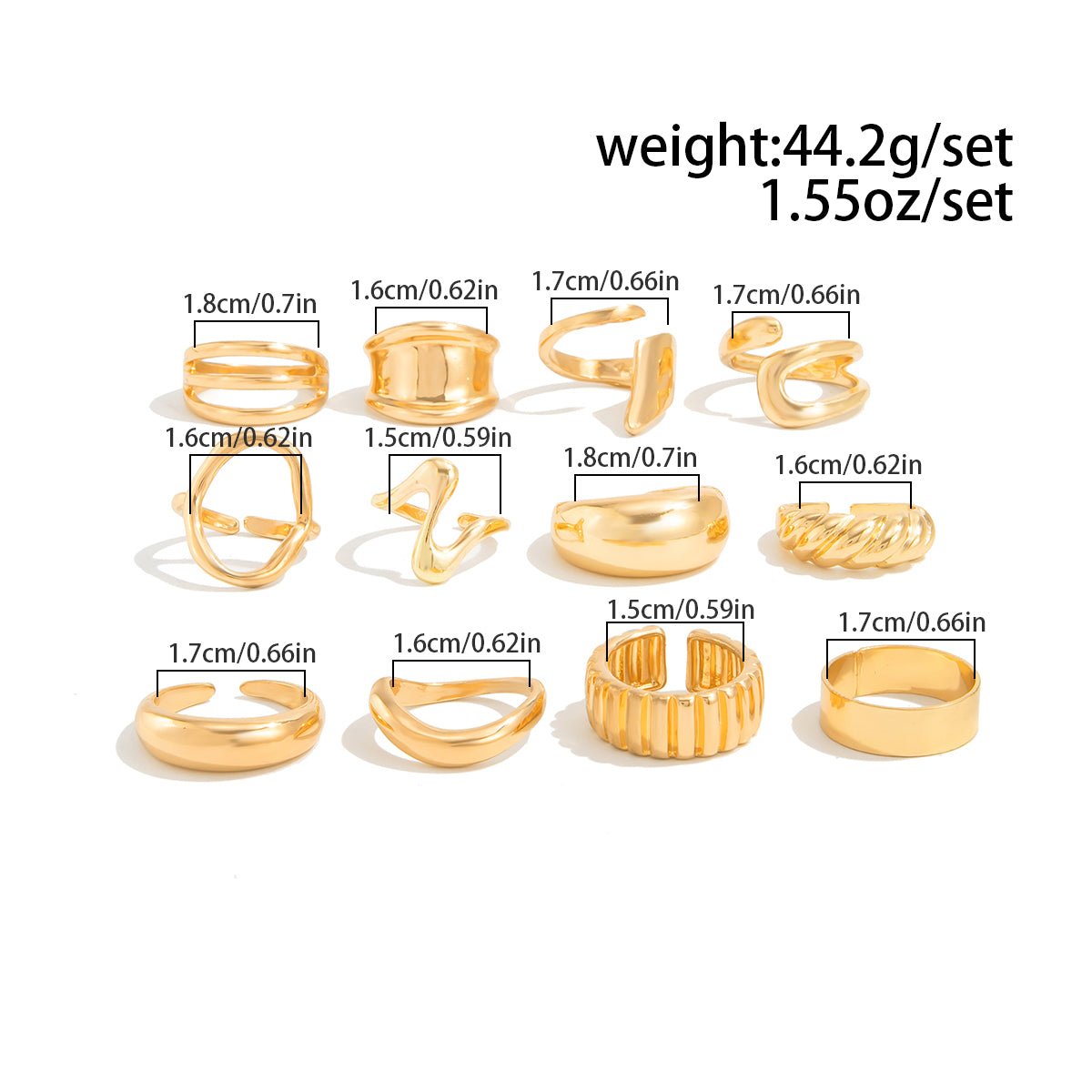 12 Pcs Gold Silver Tone Glossy Curved Hollow Waterdrop Ring Set - ArtGalleryZen