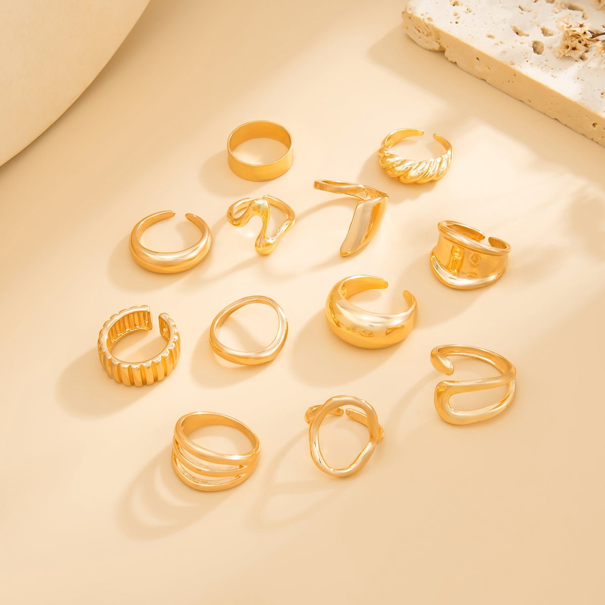 12 Pcs Gold Silver Tone Glossy Curved Hollow Waterdrop Ring Set - ArtGalleryZen