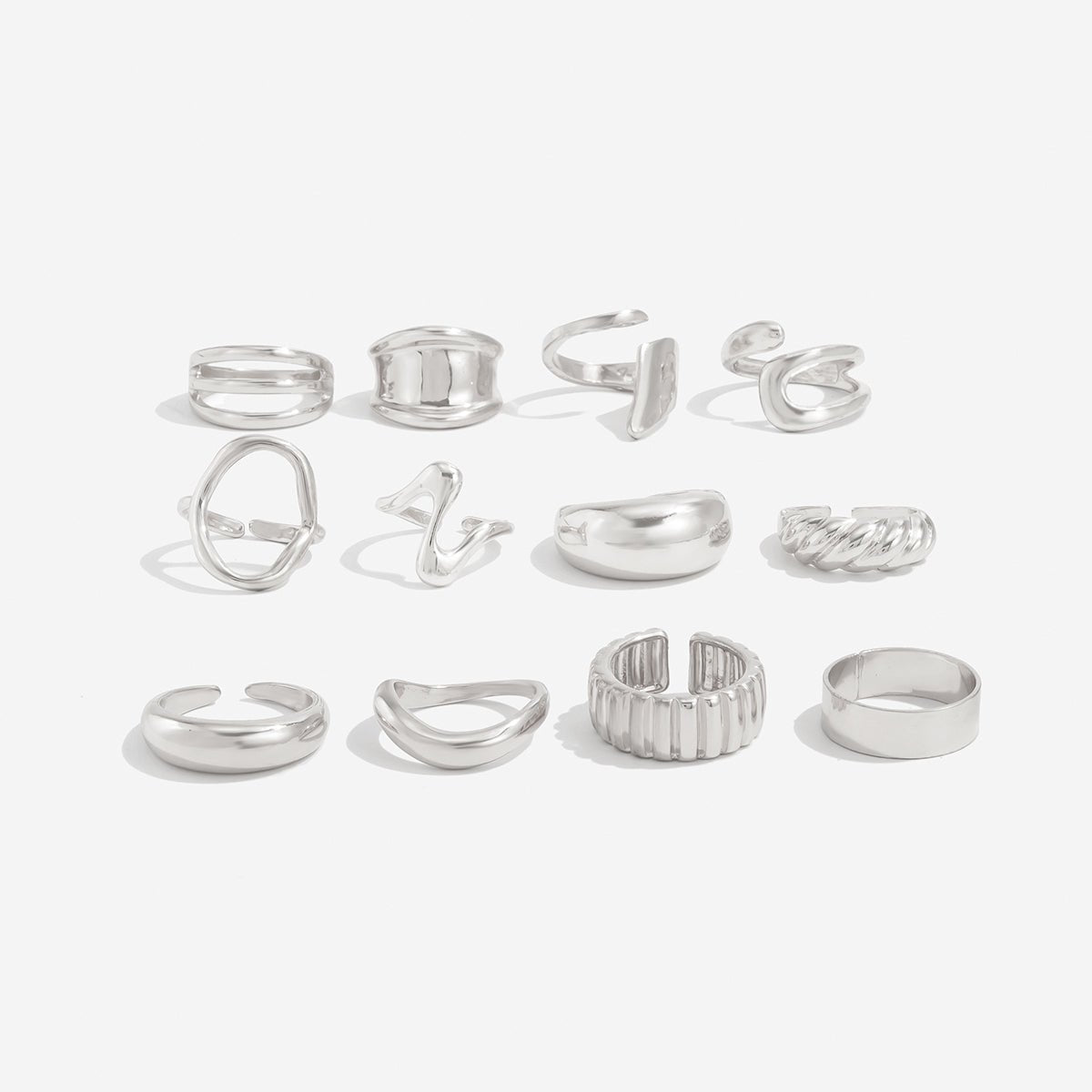 12 Pcs Gold Silver Tone Glossy Curved Hollow Waterdrop Ring Set - ArtGalleryZen