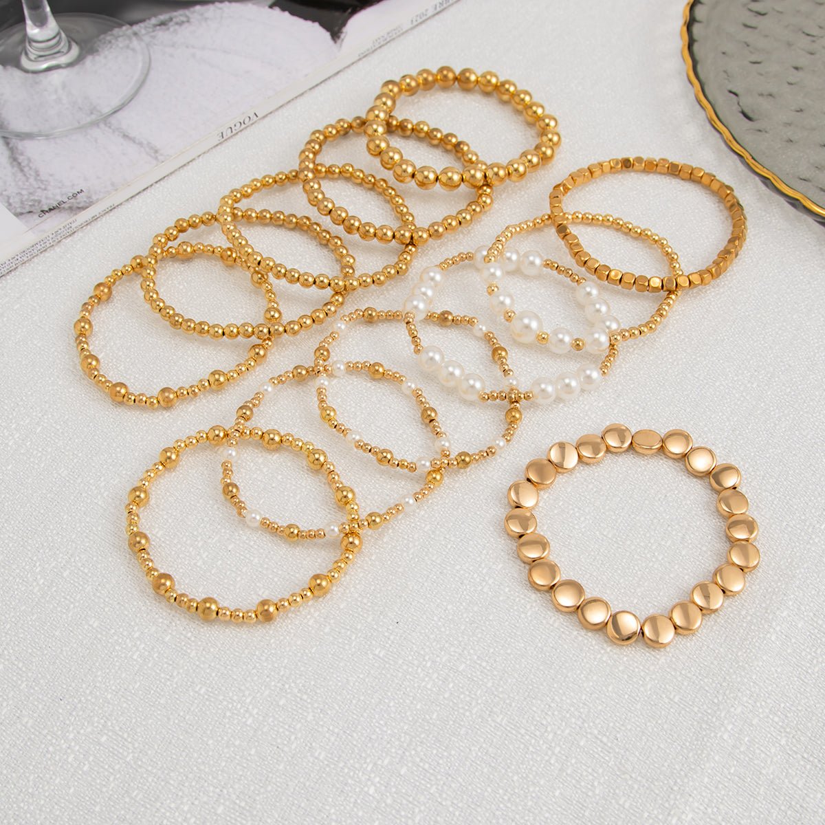 12 Pcs Minimalist Gold Silver Tone Pearl Beaded Chain Bracelet Set - ArtGalleryZen