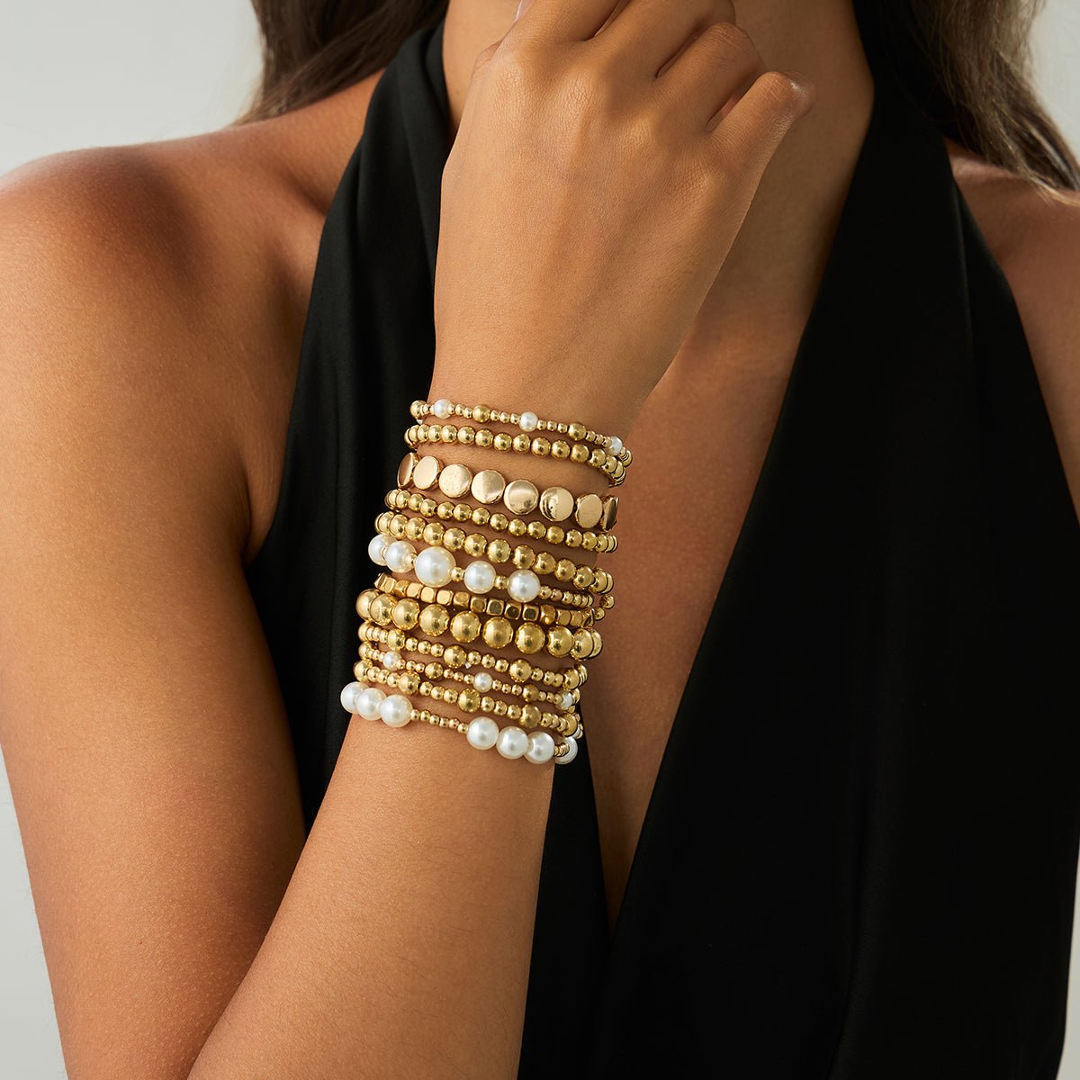 12 Pcs Minimalist Gold Silver Tone Pearl Beaded Chain Bracelet Set - ArtGalleryZen