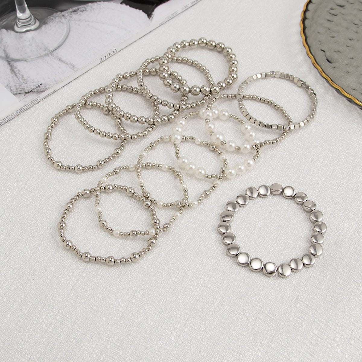 12 Pcs Minimalist Gold Silver Tone Pearl Beaded Chain Bracelet Set - ArtGalleryZen