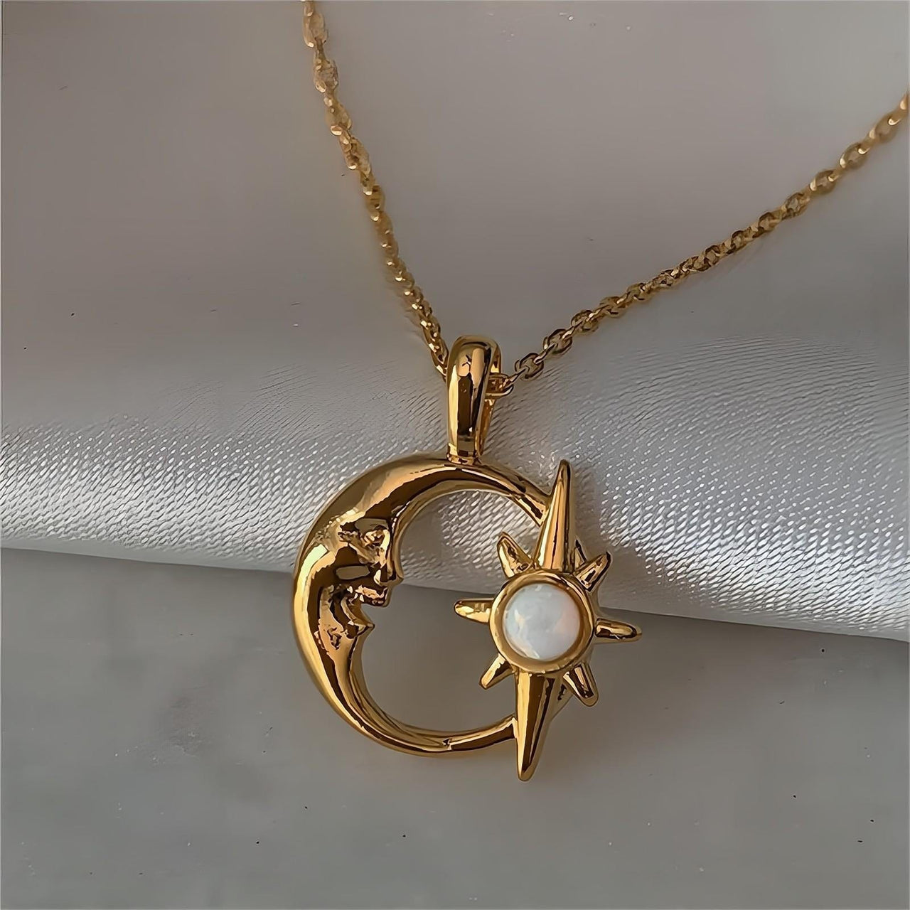 18K Gold Opal Star Moon Phase Necklace - ArtGalleryZen