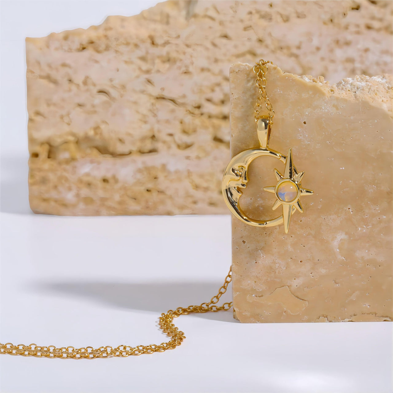 18K Gold Opal Star Moon Phase Necklace - ArtGalleryZen