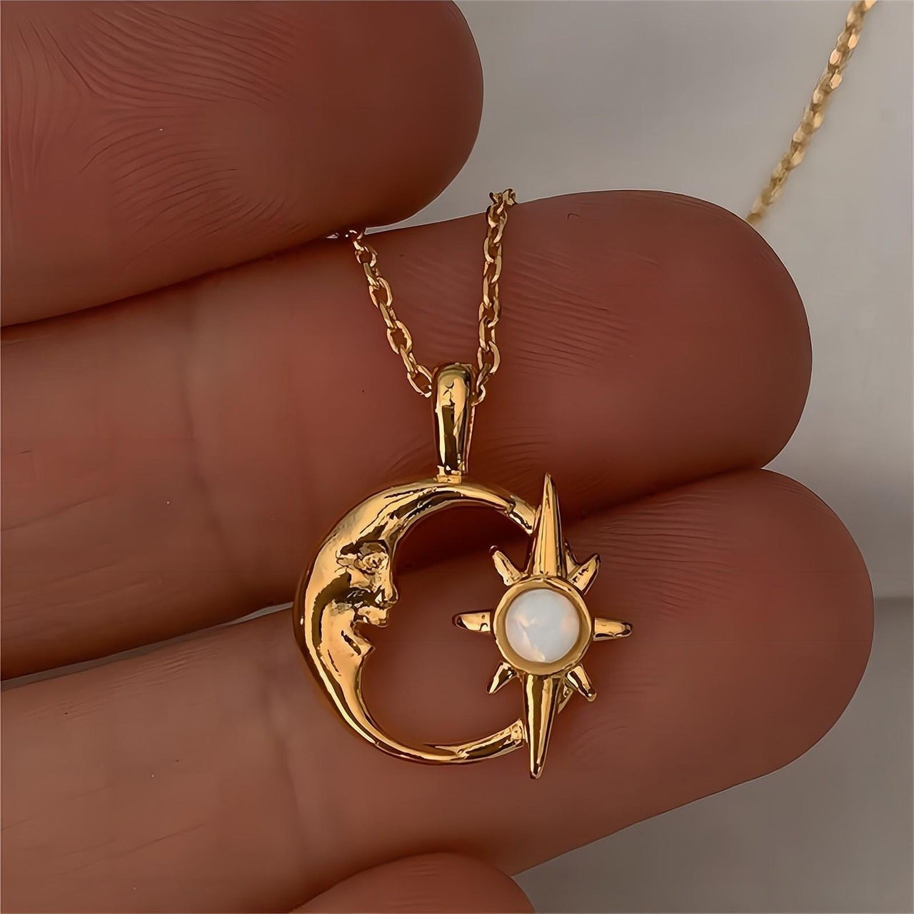18K Gold Opal Star Moon Phase Necklace - ArtGalleryZen