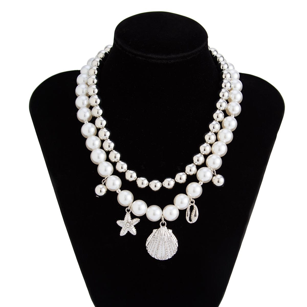 2 Pcs Conch Shell Starfish Pendant Pearl Chain Necklace Set - ArtGalleryZen