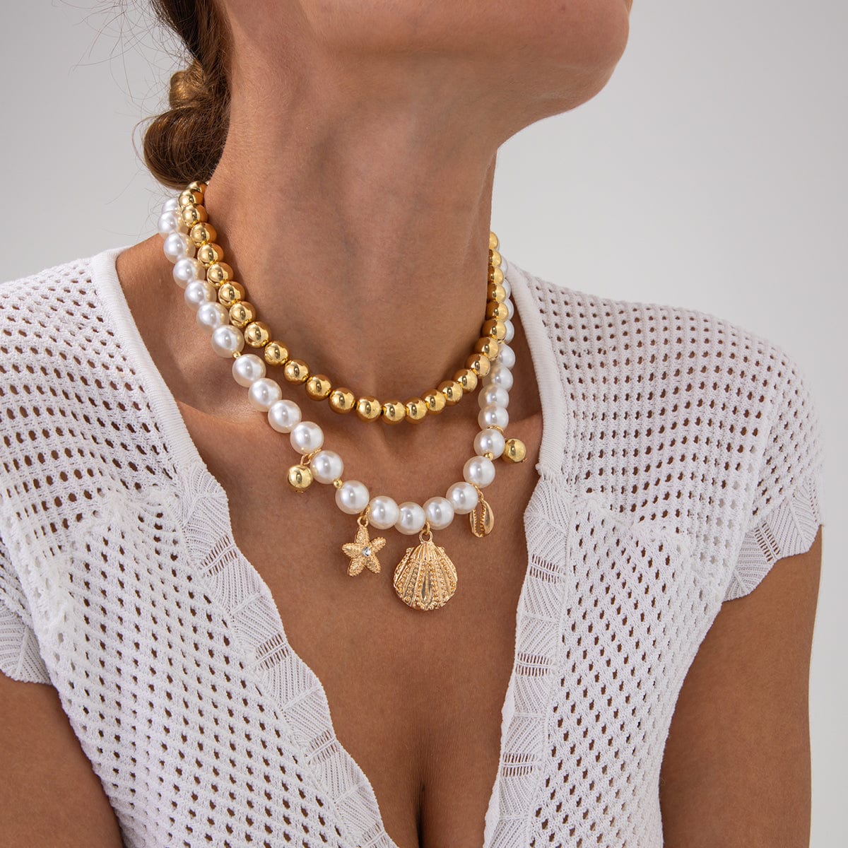 2 Pcs Conch Shell Starfish Pendant Pearl Chain Necklace Set - ArtGalleryZen