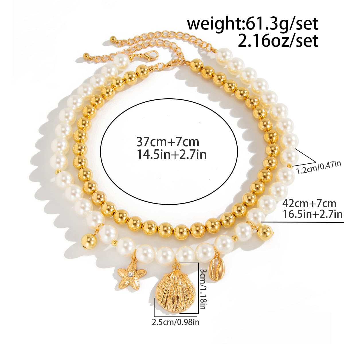 2 Pcs Conch Shell Starfish Pendant Pearl Chain Necklace Set - ArtGalleryZen