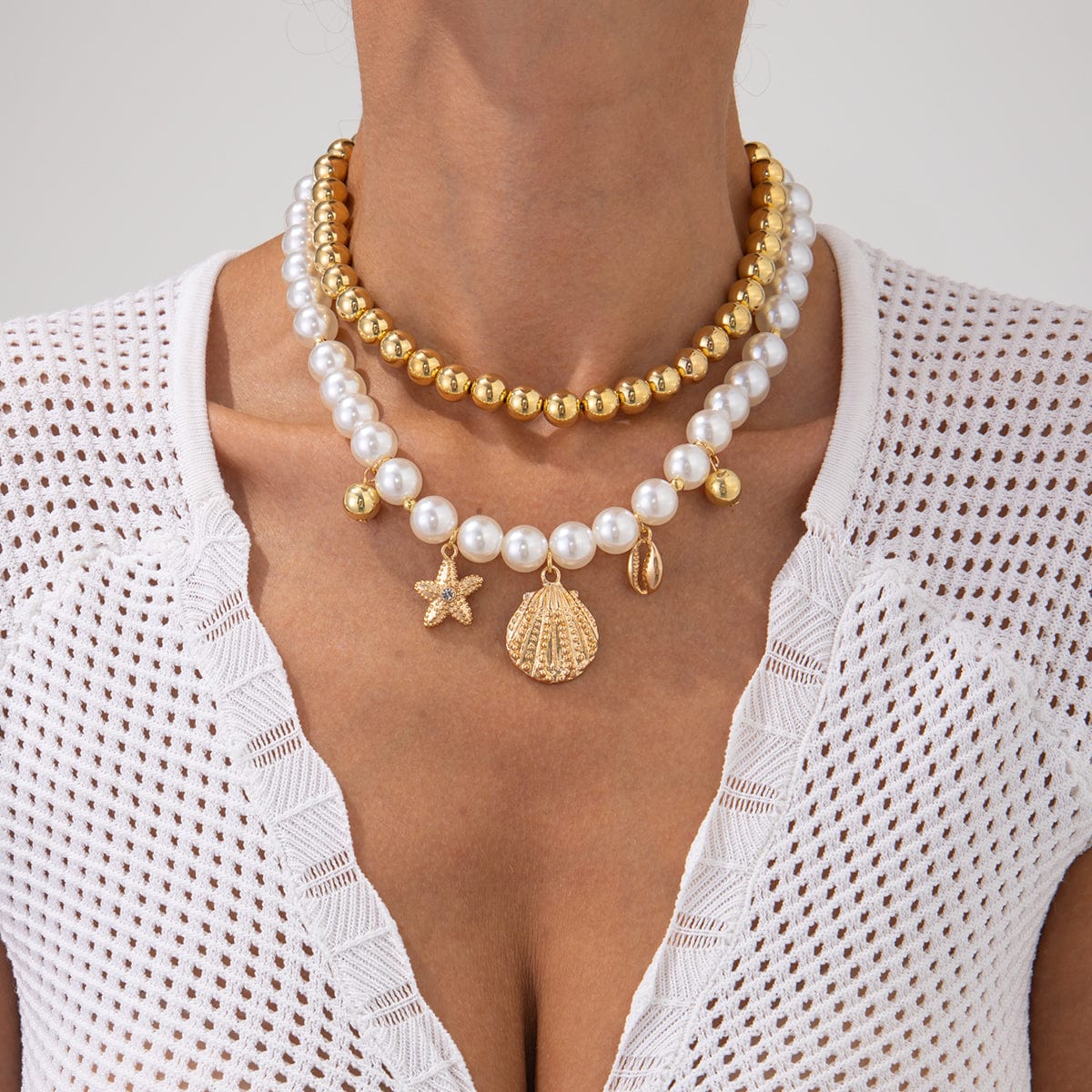 2 Pcs Conch Shell Starfish Pendant Pearl Chain Necklace Set - ArtGalleryZen