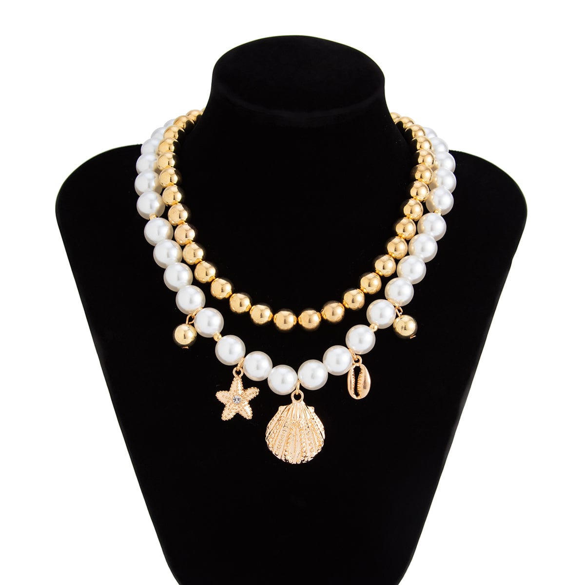 2 Pcs Conch Shell Starfish Pendant Pearl Chain Necklace Set - ArtGalleryZen
