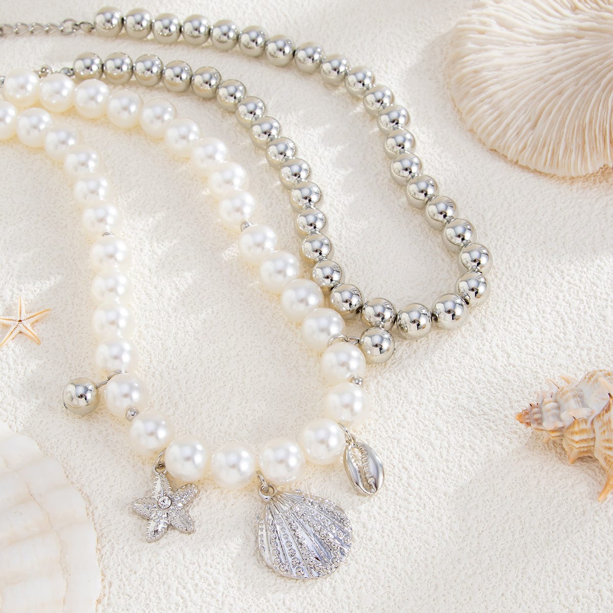 2 Pcs Conch Shell Starfish Pendant Pearl Chain Necklace Set - ArtGalleryZen