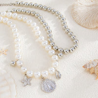 Thumbnail for 2 Pcs Conch Shell Starfish Pendant Pearl Chain Necklace Set - ArtGalleryZen