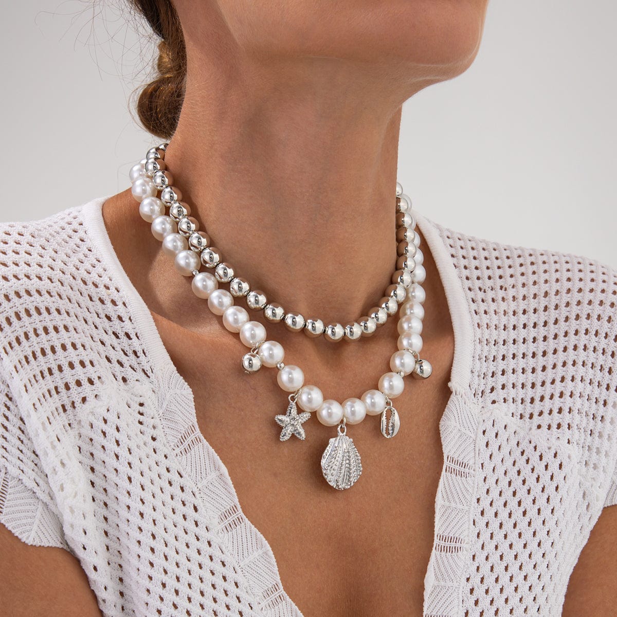 2 Pcs Conch Shell Starfish Pendant Pearl Chain Necklace Set - ArtGalleryZen