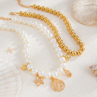 Thumbnail for 2 Pcs Conch Shell Starfish Pendant Pearl Chain Necklace Set - ArtGalleryZen