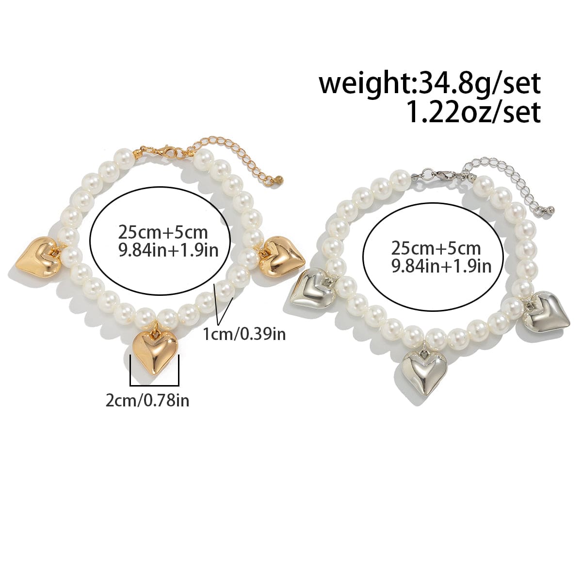 2 Pcs Heart Charm Pearl Chain Anklet Set - ArtGalleryZen