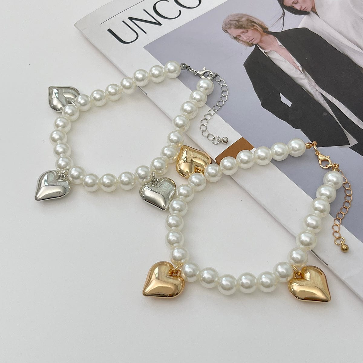 2 Pcs Heart Charm Pearl Chain Anklet Set - ArtGalleryZen