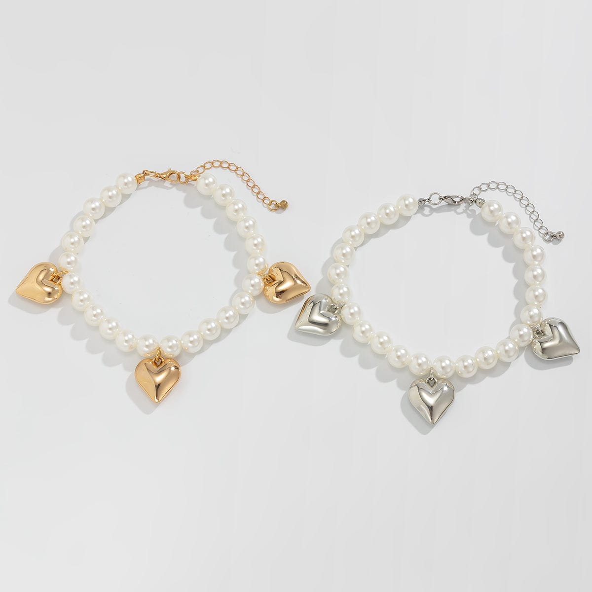 2 Pcs Heart Charm Pearl Chain Anklet Set - ArtGalleryZen
