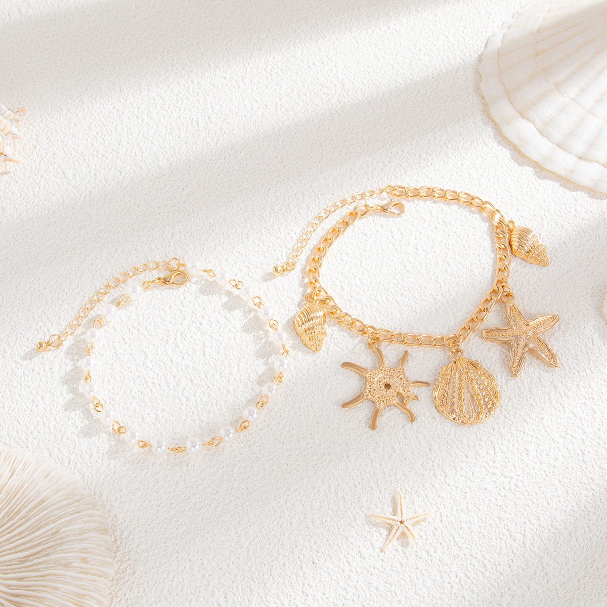 2 Pcs Shell Conch Starfish Charm Pearl Chain Anklet Set - ArtGalleryZen