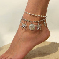 Thumbnail for 2 Pcs Shell Conch Starfish Charm Pearl Chain Anklet Set - ArtGalleryZen