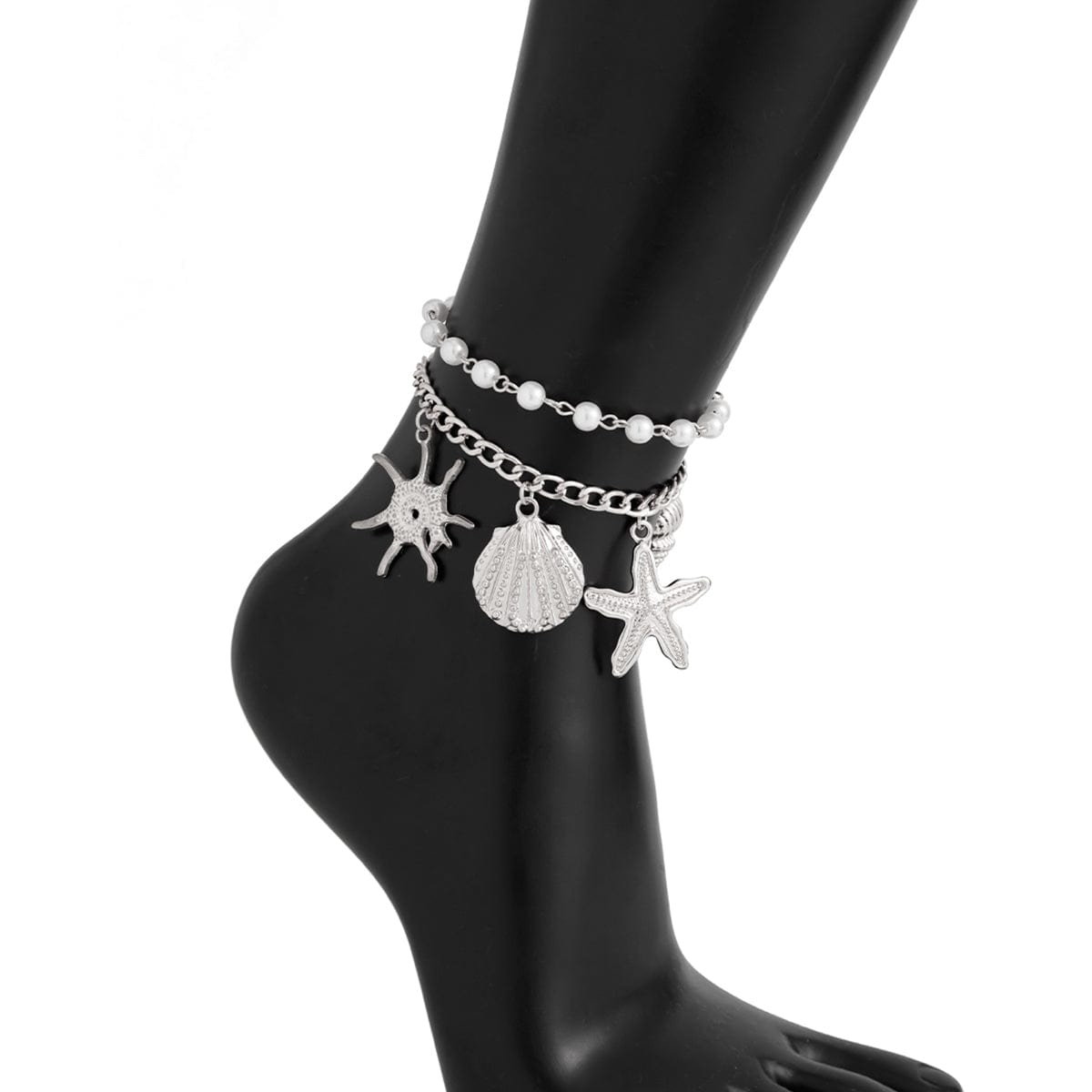 2 Pcs Shell Conch Starfish Charm Pearl Chain Anklet Set - ArtGalleryZen
