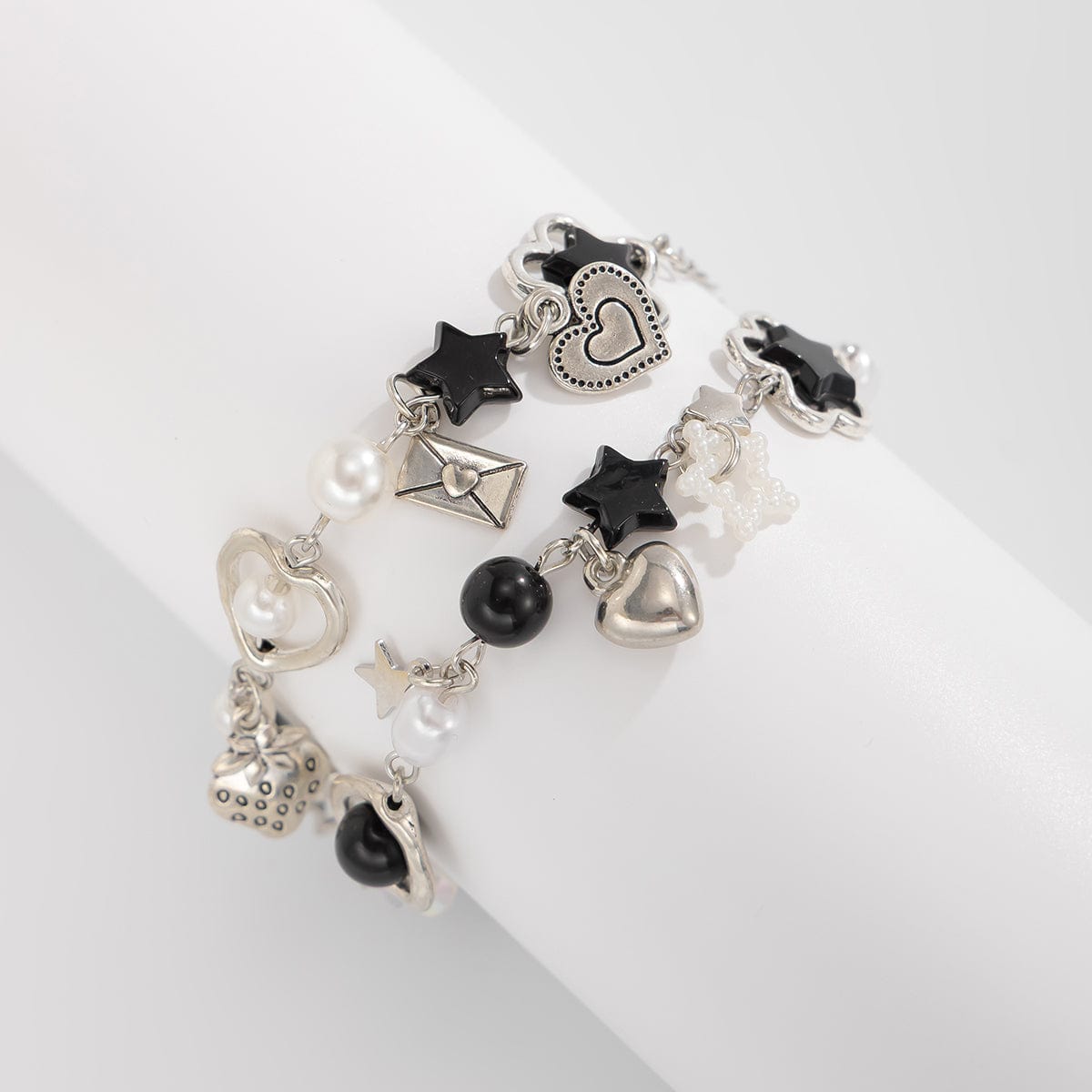 2 Pcs Strawberry Heart Letter Charm Pearl Star Chain Bracelet Set - ArtGalleryZen