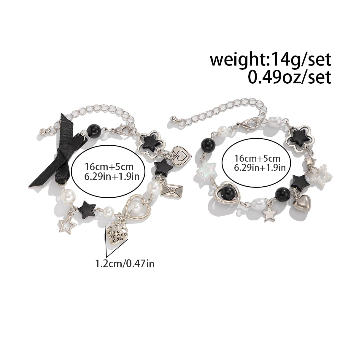 2 Pcs Strawberry Heart Letter Charm Pearl Star Chain Bracelet Set - ArtGalleryZen
