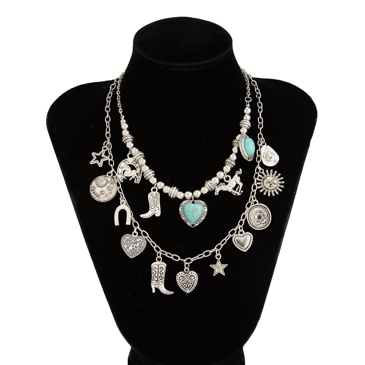 2 Pcs Turquoise Heart Boots Lucky Horseshoe Charm Necklace Set - ArtGalleryZen