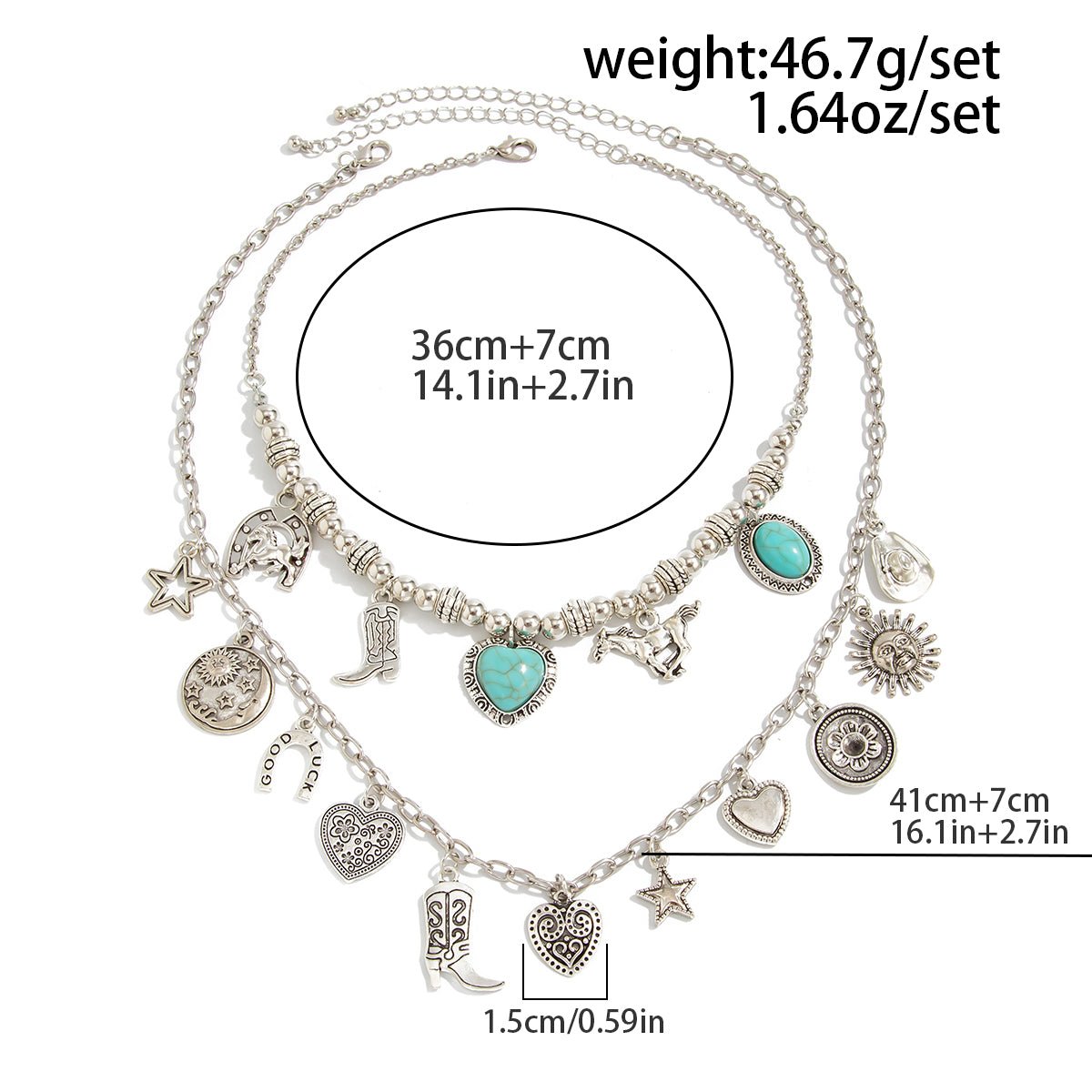2 Pcs Turquoise Heart Boots Lucky Horseshoe Charm Necklace Set - ArtGalleryZen