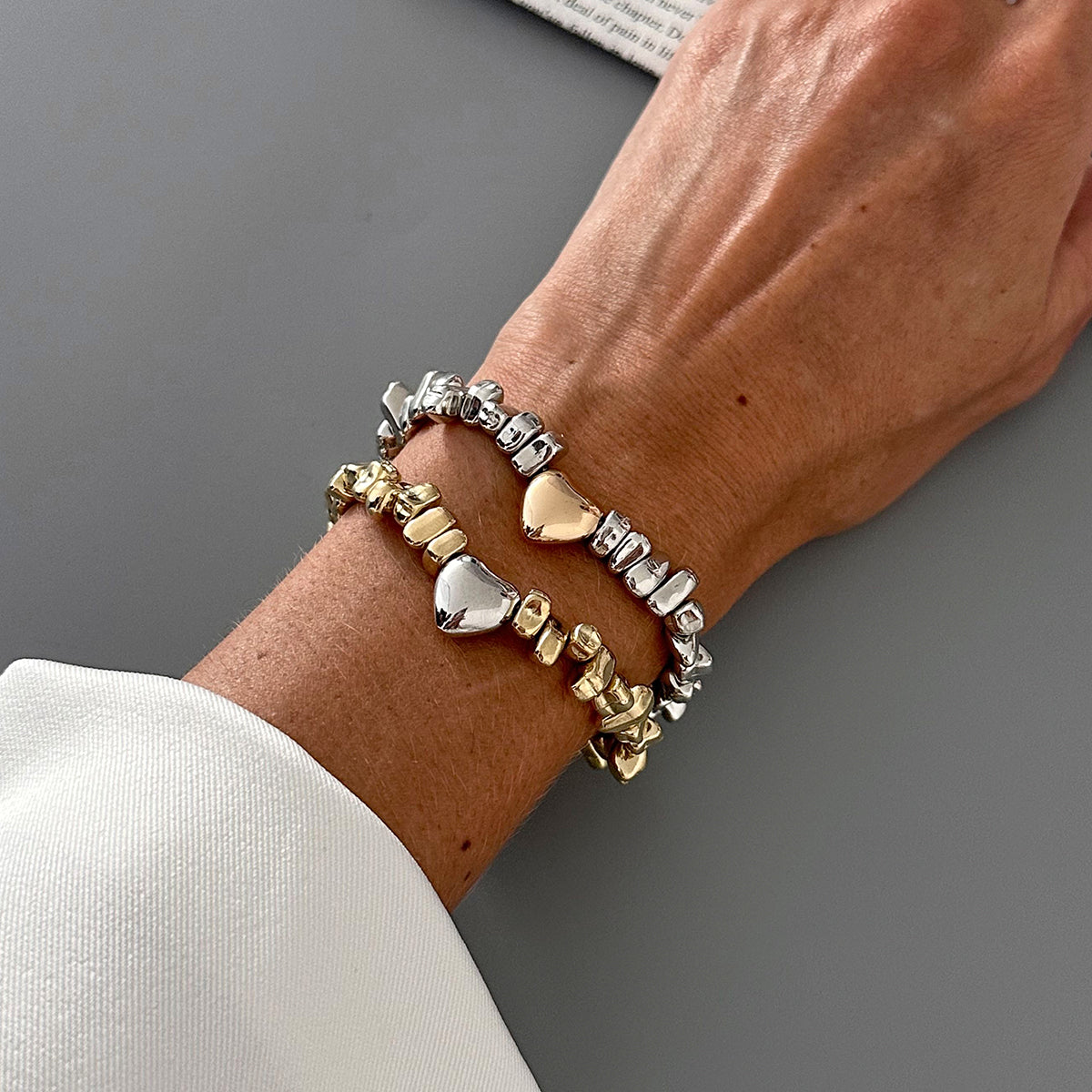 Stylish Two Tone Heart Charm Irregular Beaded Bracelet Set