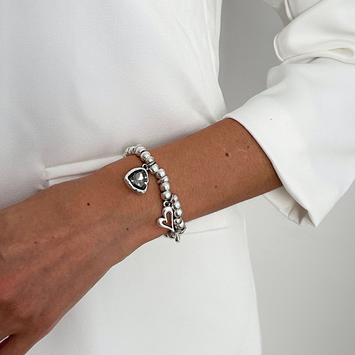 Charming Rhinestone Love Heart Pendant Beaded Chain Bracelet