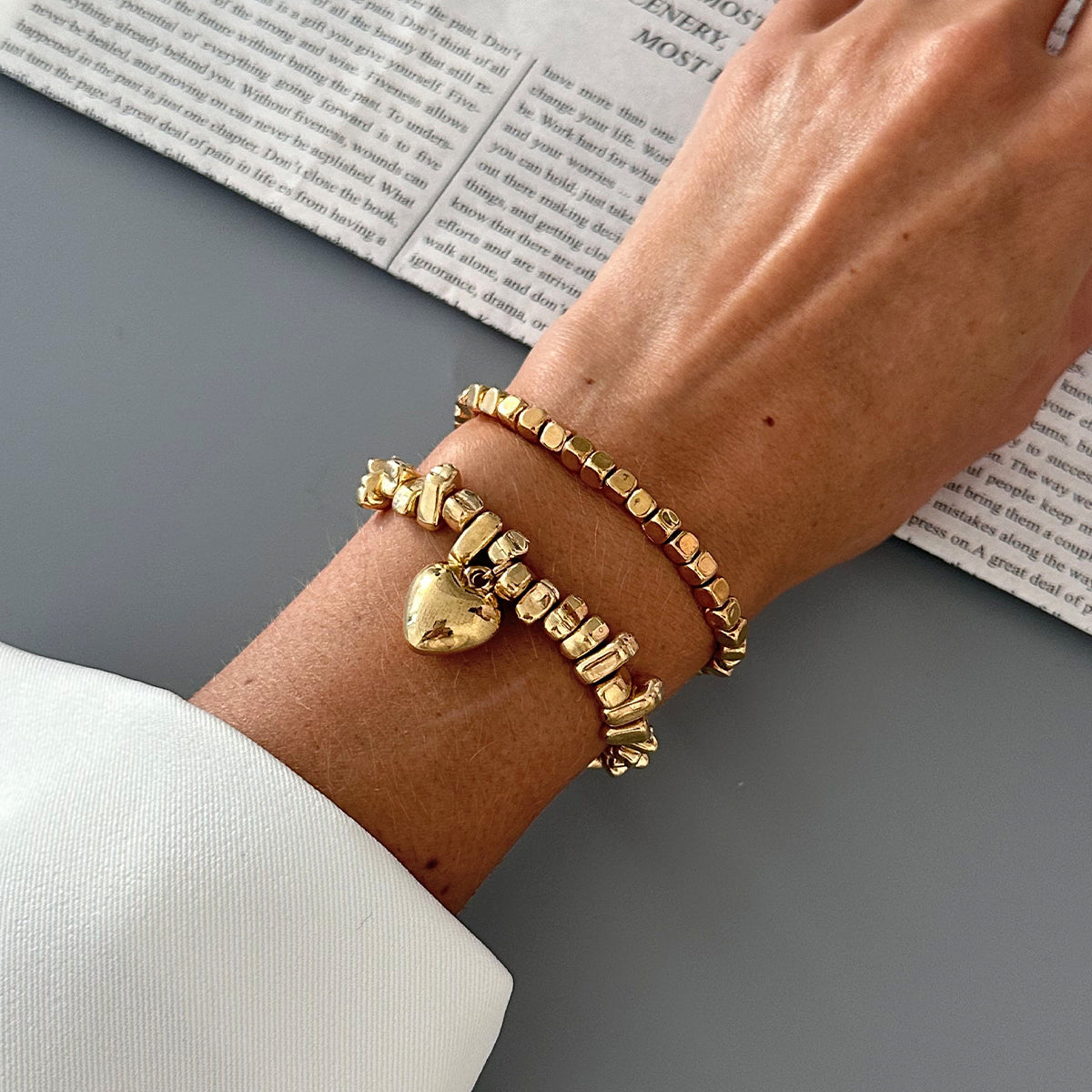 Geometric Heart Pendant Irregular Square Beaded Bracelet Set