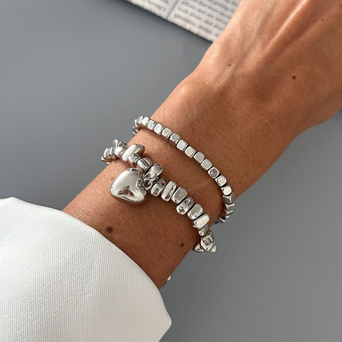 Geometric Heart Pendant Irregular Square Beaded Bracelet Set