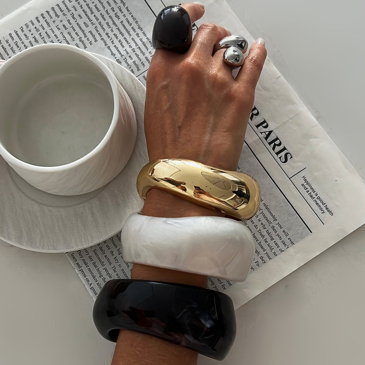 Chunky White Resin Bangle Bracelet - Modern Curved Design Statement