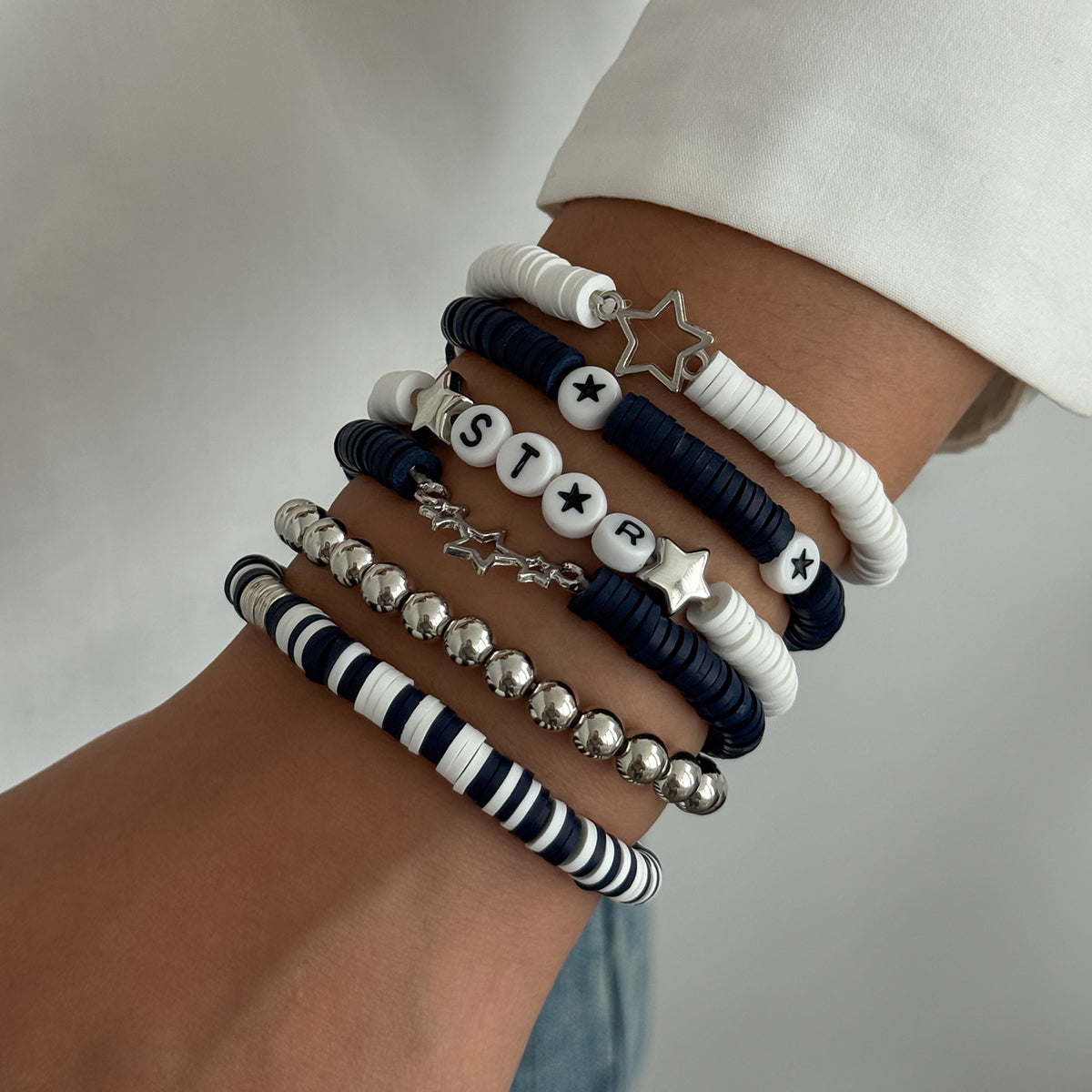 Black and White Layered Star Letter Charm Polymer Clay Beaded Bracelet Set