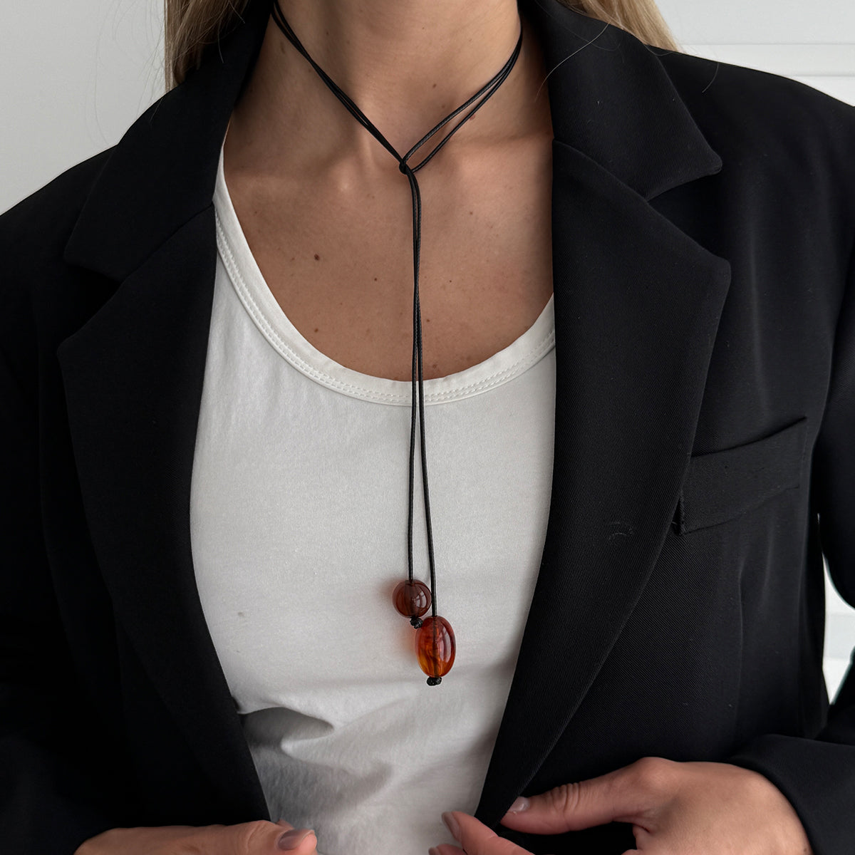 Retro Clear Resin Pendant Long Chain Necklace 45" Wax Cord