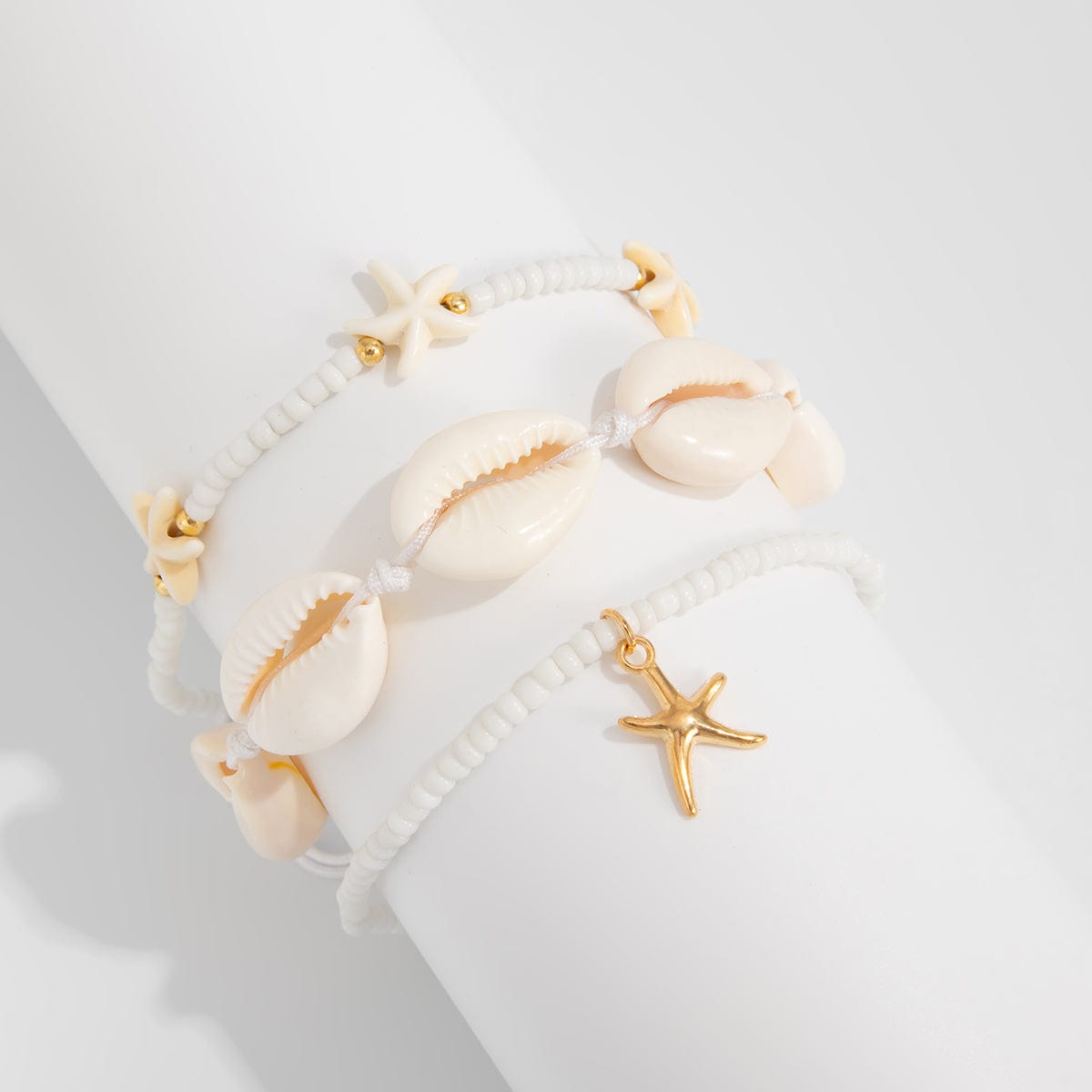 3 Pcs Beach Style Conch Starfish Charm Seed Bead Anklet Set - ArtGalleryZen