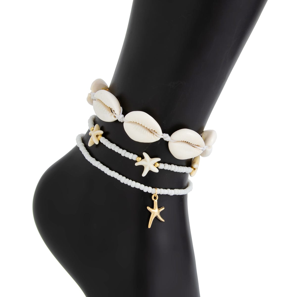 3 Pcs Beach Style Conch Starfish Charm Seed Bead Anklet Set - ArtGalleryZen