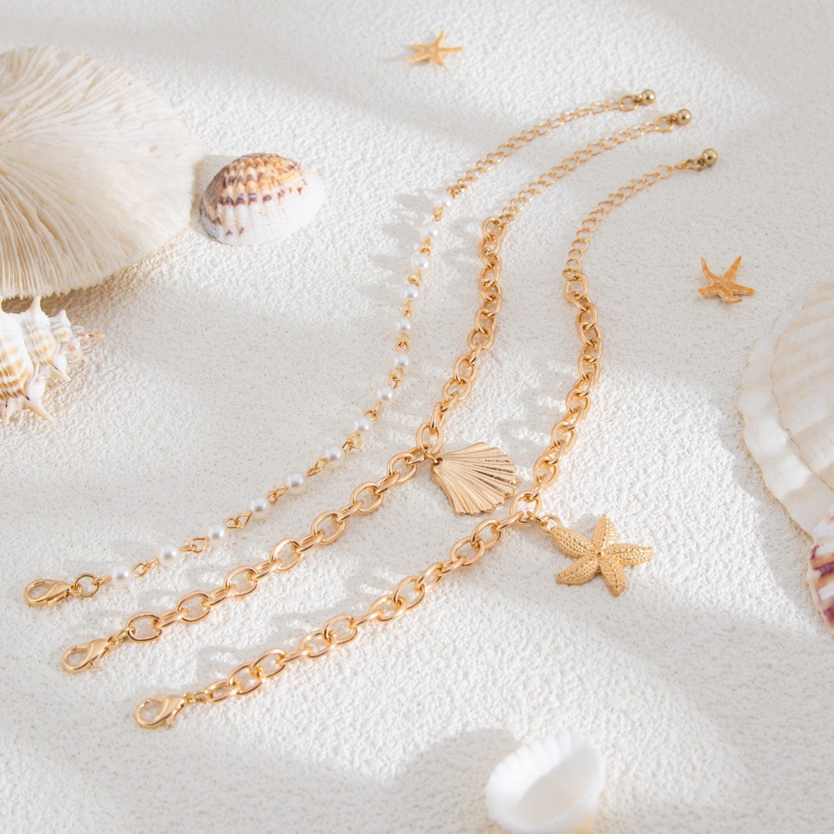 3 Pcs Boho Starfish Shell Charm Pearl Chain Bracelet Set - ArtGalleryZen