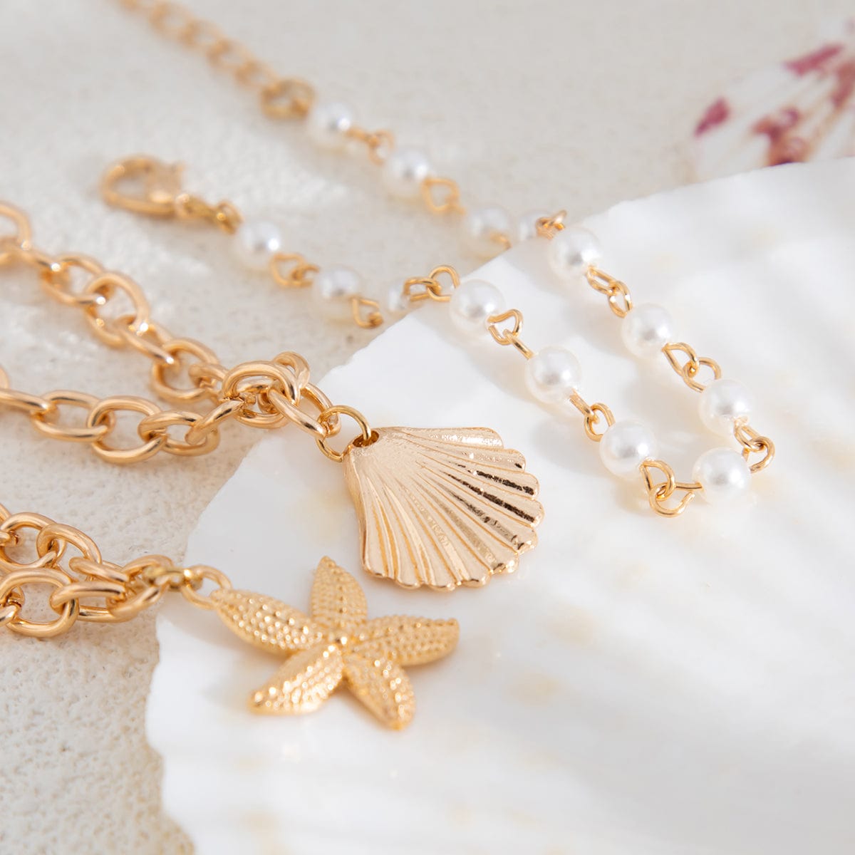 3 Pcs Boho Starfish Shell Charm Pearl Chain Bracelet Set - ArtGalleryZen
