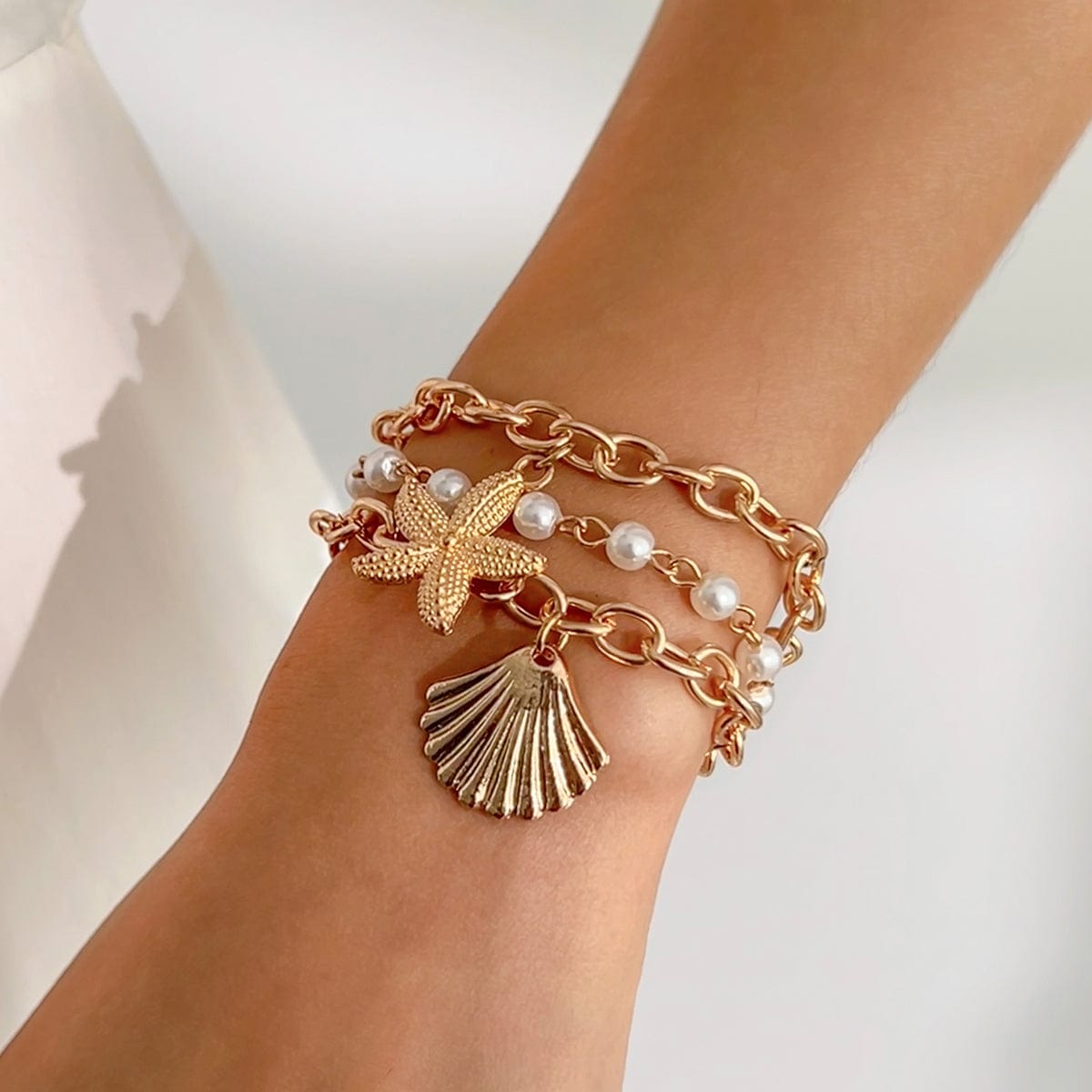 3 Pcs Boho Starfish Shell Charm Pearl Chain Bracelet Set - ArtGalleryZen