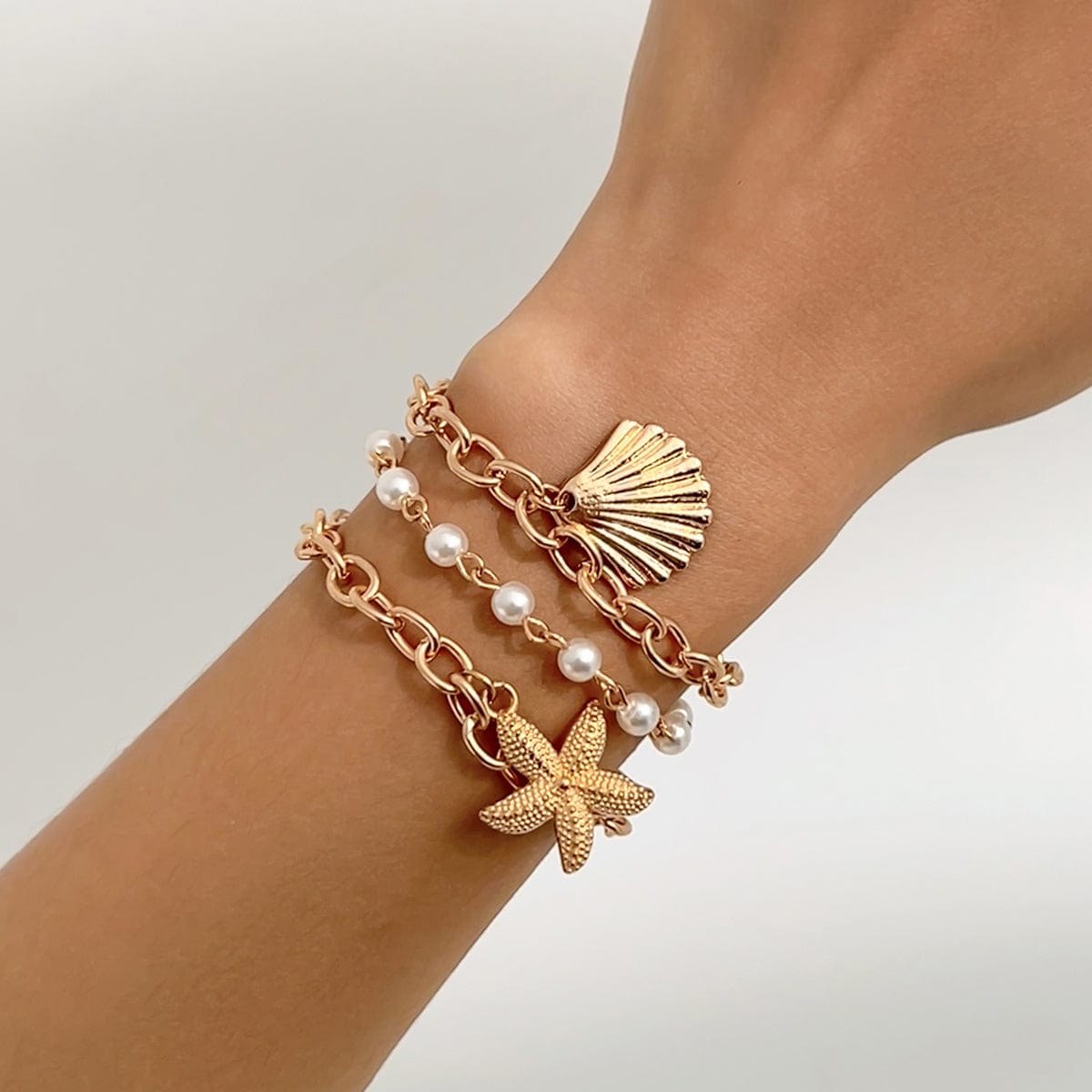 3 Pcs Boho Starfish Shell Charm Pearl Chain Bracelet Set - ArtGalleryZen