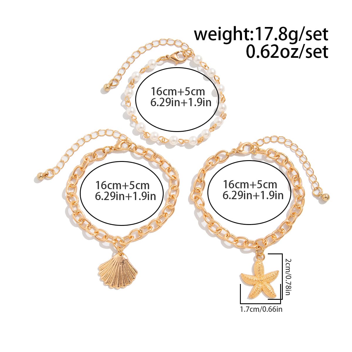 3 Pcs Boho Starfish Shell Charm Pearl Chain Bracelet Set - ArtGalleryZen